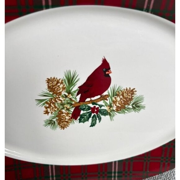 Living Quarters Christmas Oval Serving Platter Cardinal Plaid Border - Picture 2 of 5